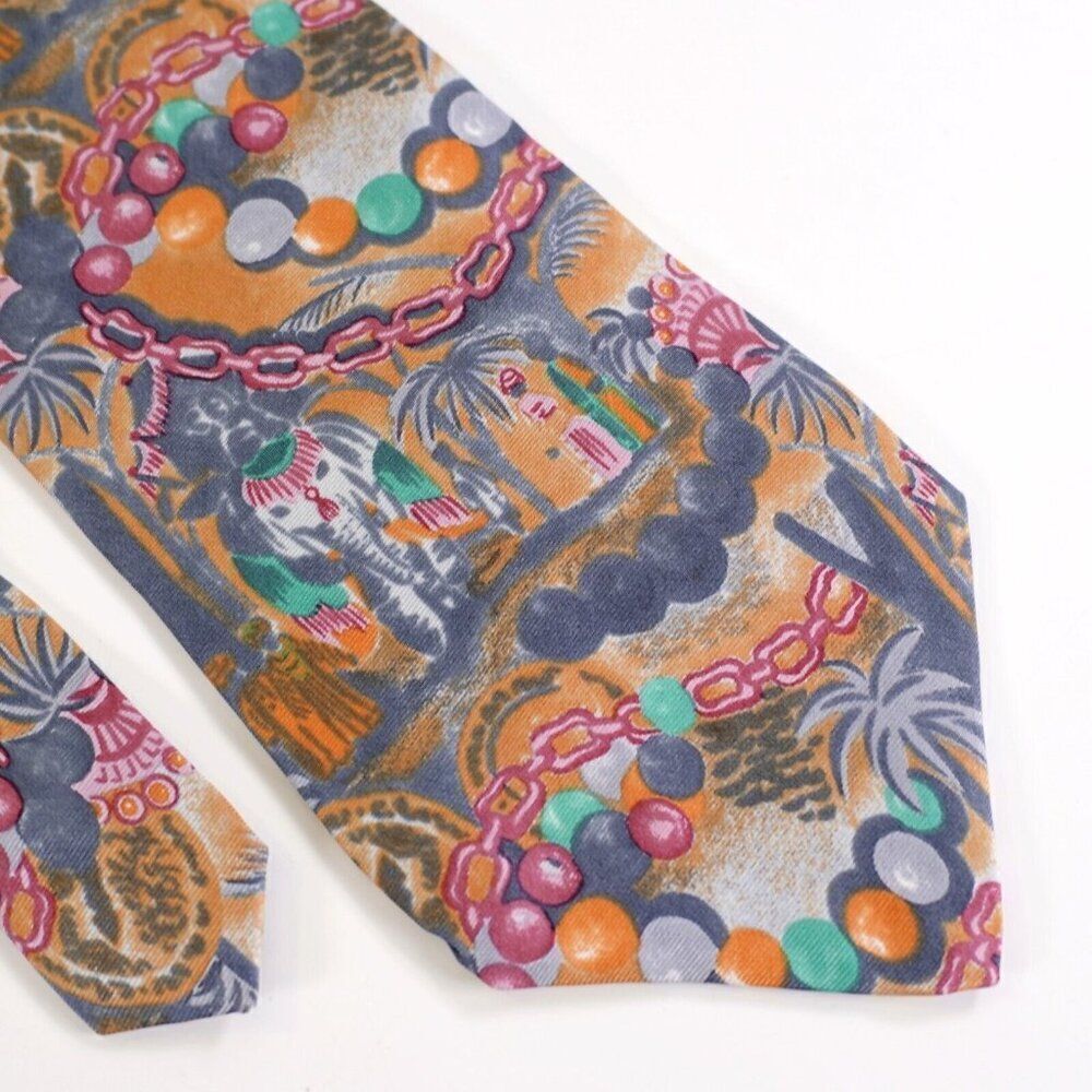 Laura Biagiotti Abstact Jungle Print Orange Gray Short Wide‎ Silk Tie